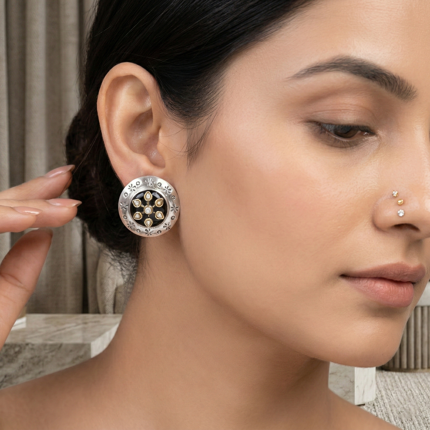 Sangeeta Boochra Floral Kundan Oxidised Silver Stud Earrings