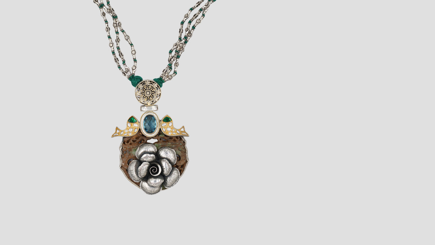 Sangeeta Boochra Statement Silver Pendant with Floral Design & Blue Centerpiece
