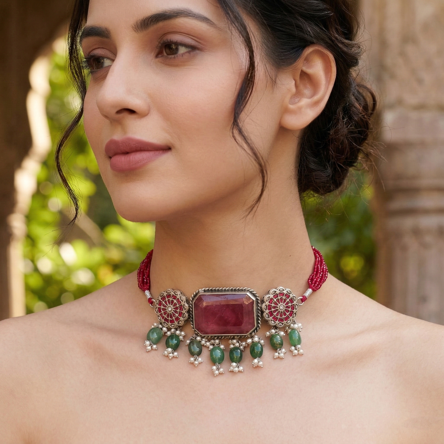 Sangeeta Boochra Festive Silver Choker with Stone and Bead Accents