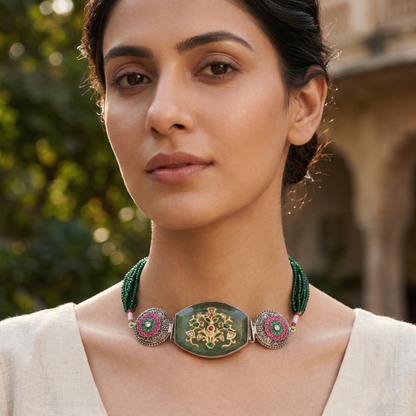 Sangeeta Boochra Heritage Silver Choker with Green Stone Detailing