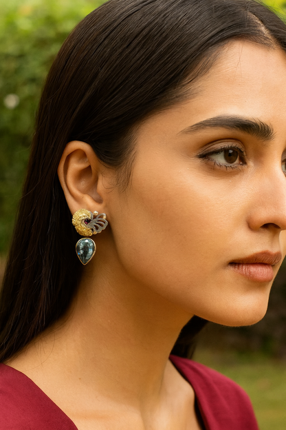 Elegant Dual Finish Silver Earrings with Aqua Teardrop Stone – Sangeeta Boochra