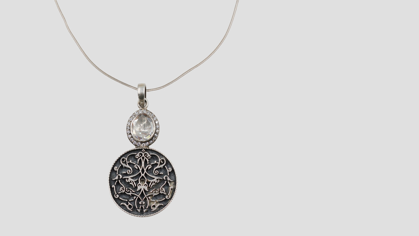 Sangeeta Boochra Handcrafted Oxidised Silver Engraved Pendant with Moissanite