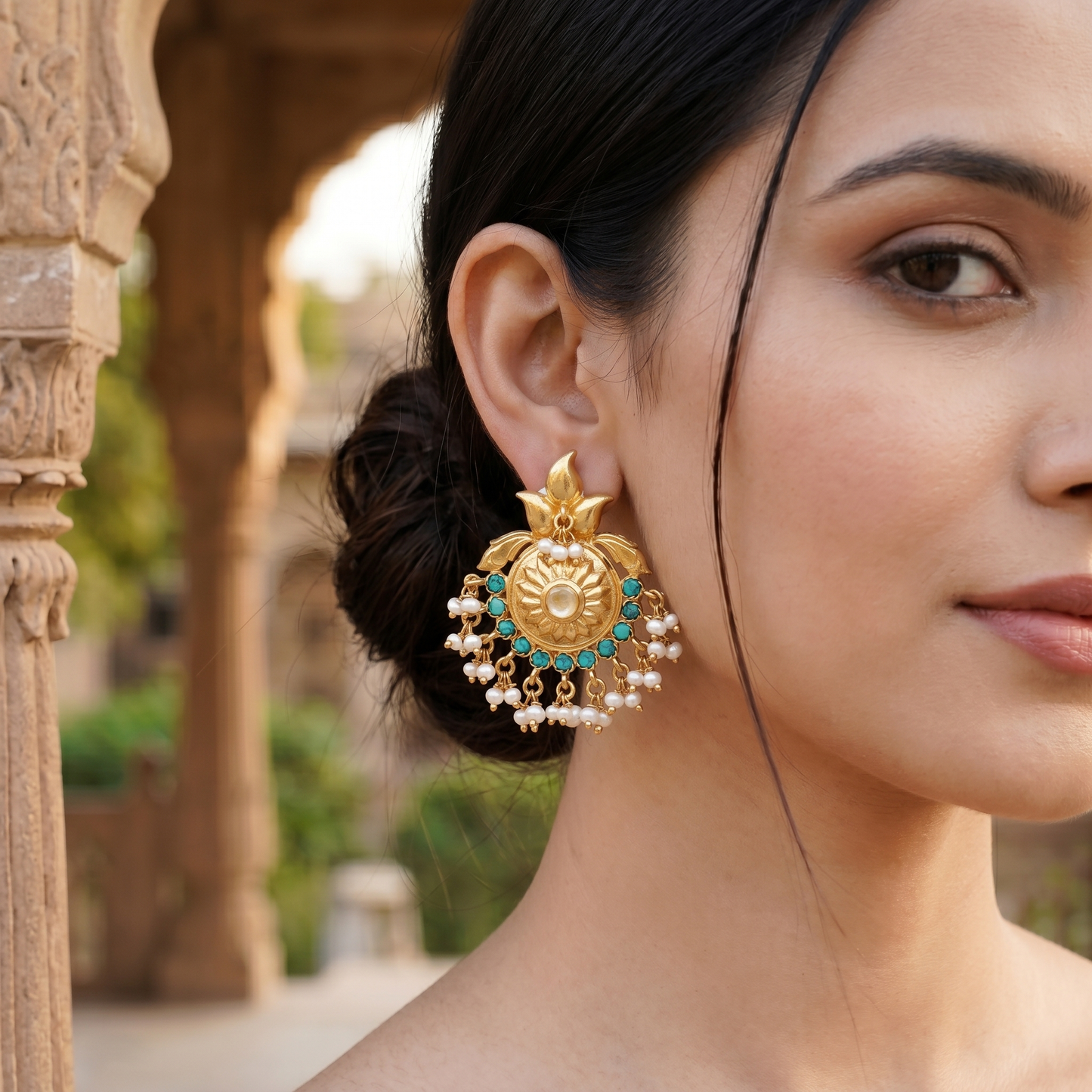 Sangeeta Boochra Artisan Gold Plated Earrings with Turquoise & Pearl Detailing