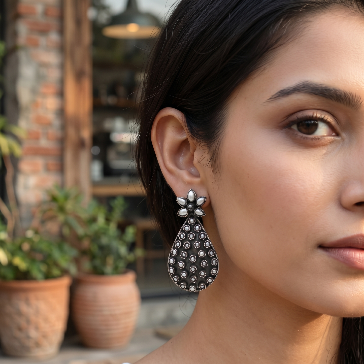 Sangeeta Boochra Floral Pearl Oxidised Statement Earrings