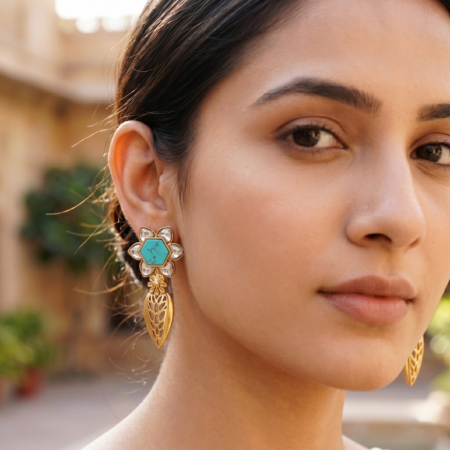 Sangeeta Boochra Designer Gold Plated Silver Floral Earrings with White Kundan and Turquoise Stone