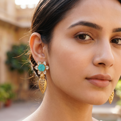 Sangeeta Boochra Designer Gold Plated Silver Floral Earrings with White Kundan and Turquoise Stone