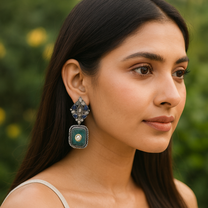 Oxidised Silver Floral Earrings with Green Gemstone – Sangeeta Boochra