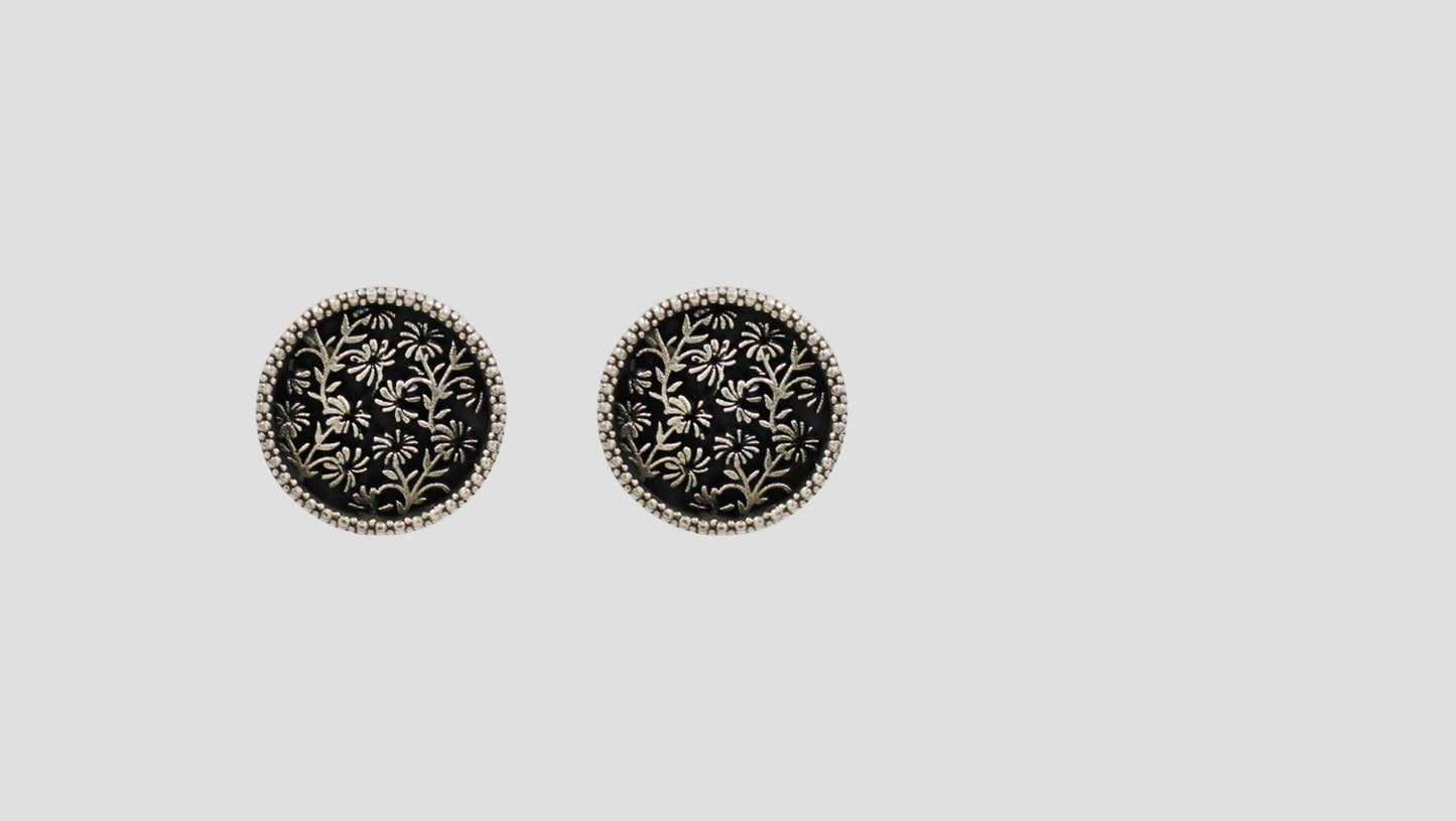 Sangeeta Boochra Oxidised Silver Round Floral Engraved Studs