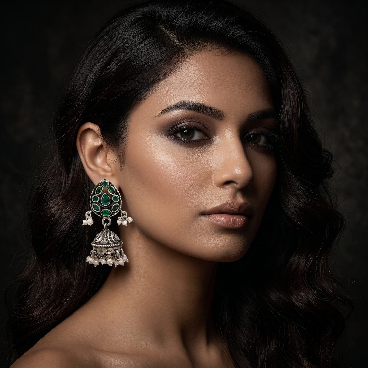 Sangeeta Boochra Handcrafted Green Stone & Pearl Silver Jhumkas