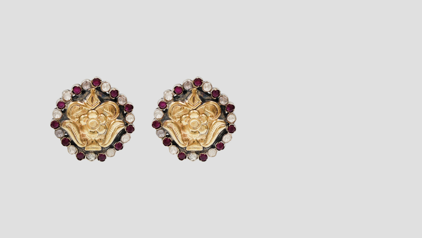 Sangeeta Boochra Dual-Plated Sterling Silver Floral Stud Earrings with Ruby & White Stones