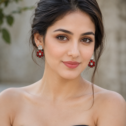 Sangeeta Boochra Sterling Silver Moissanite & Red Kundan Statement Earrings