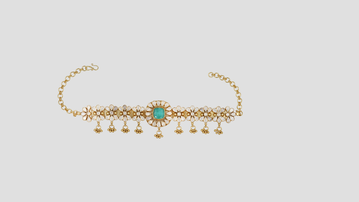 Sangeeta Boochra Gold Plated Sterling Silver Floral Motif Choker with Moissanite & Green Stone