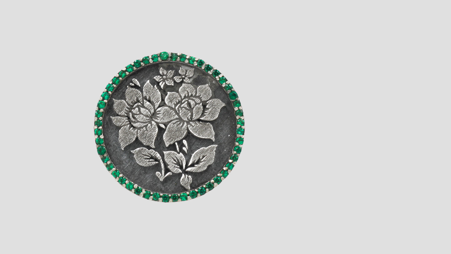 Handcrafted Silver Floral Brooch with Green Stone Accents | Sangeeta Boochra