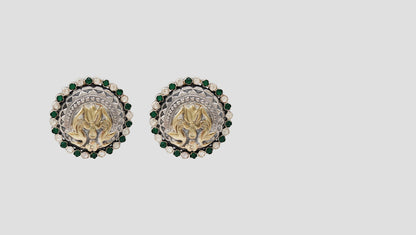 Sangeeta Boochra Handcrafted Dual Plated Silver Lotus Stud Earrings with Green & White Stones