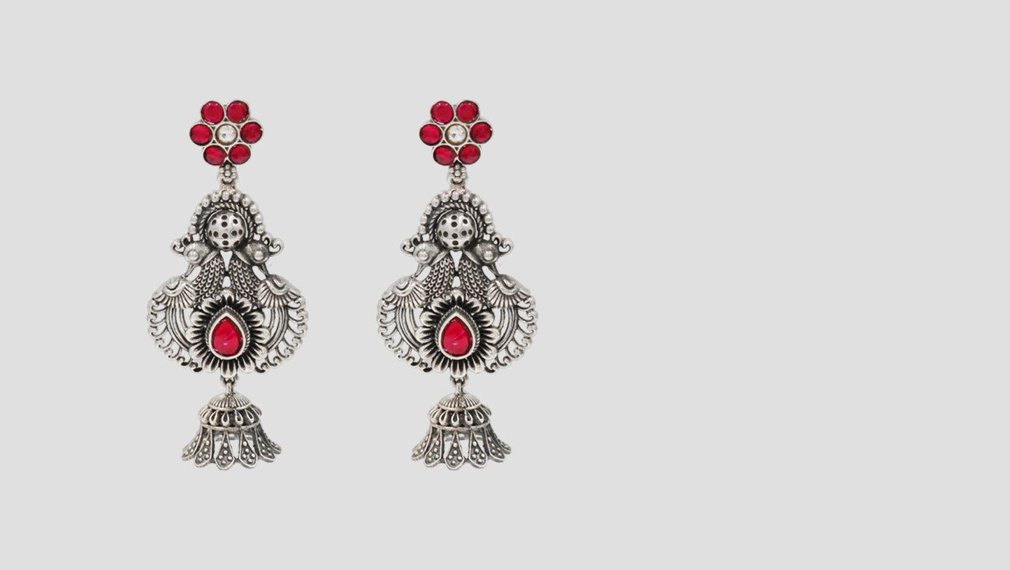 Sangeeta Boochra Handcrafted Peacock Silver Earrings with Ruby Kundan Detailing