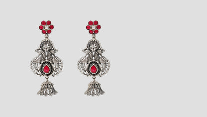 Sangeeta Boochra Handcrafted Peacock Silver Earrings with Ruby Kundan Detailing