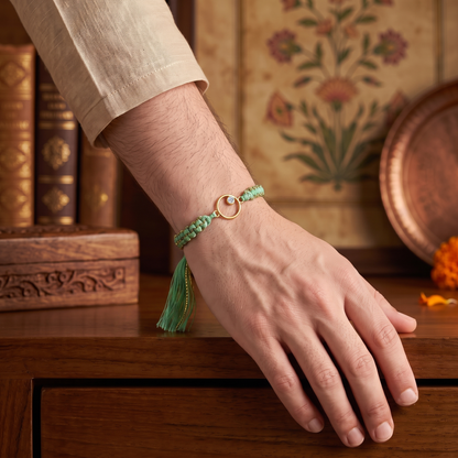 925 Sterling Silver Gold Finish Circle Rakhi with Green Thread | Sangeeta Boochra