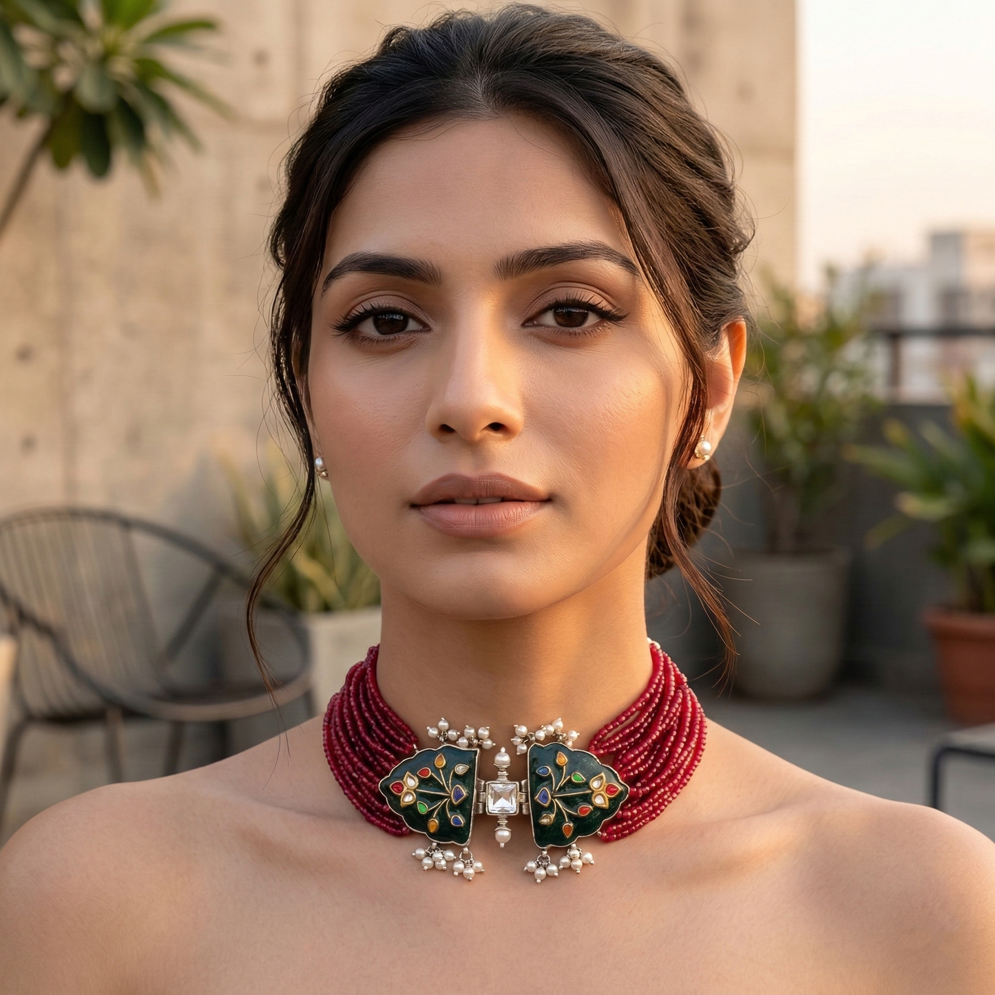 Sangeeta Boochra Multi-Strand Red Bead Silver Statement Choker
