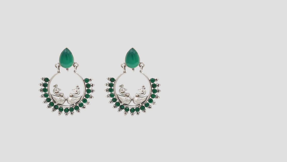 Sangeeta Boochra Designer Peacock Silver Earrings | Green Gemstone Statement Earrings