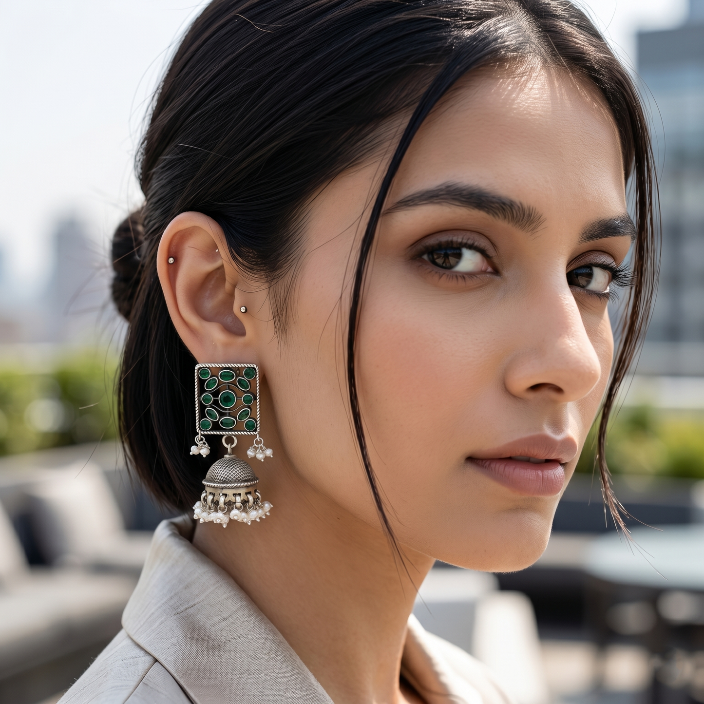 Sangeeta Boochra Traditional Green Stone Silver Jhumkas