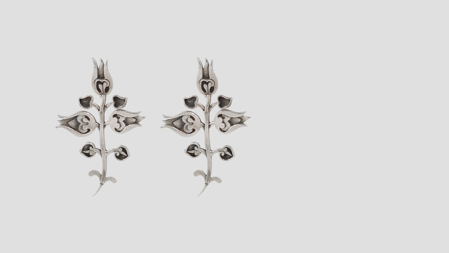 Sangeeta Boochra Oxidised Sterling Silver Floral Stem Statement Earrings