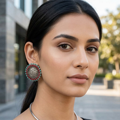 Sangeeta Boochra Heritage Floral Oxidised Silver Round Earrings