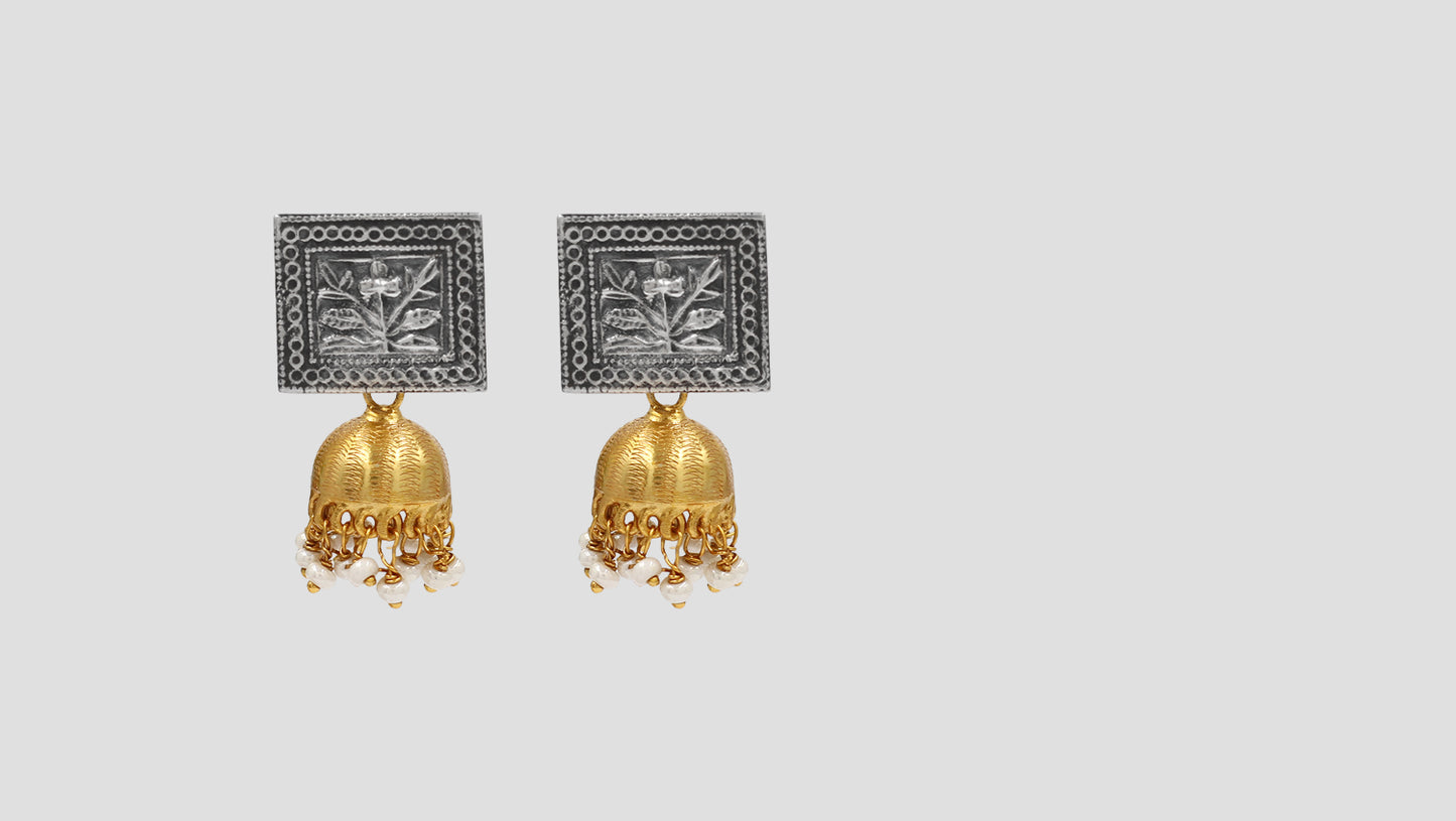 Floral Motif Silver Stud with Gold Jhumka Drops – Sangeeta Boochra