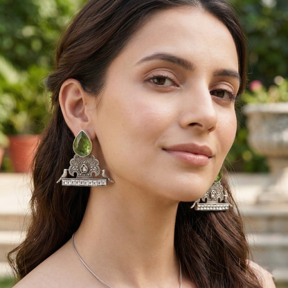 Sangeeta Boochra Handcrafted Oxidised Silver Earrings with Green Gemstone