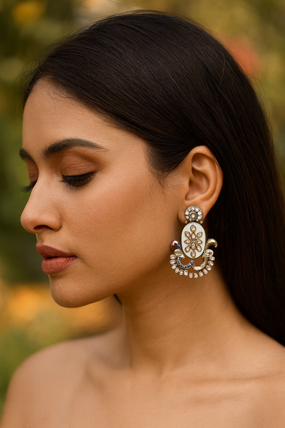 Traditional Silver Earrings with Kundan & Enamel Work
