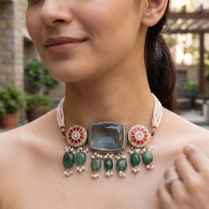 Sangeeta Boochra Artisan Silver Choker with Blue Stone and Pearl Strands