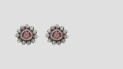 Oxidised Silver Flower Studs with Pink Stone – Sangeeta Boochra