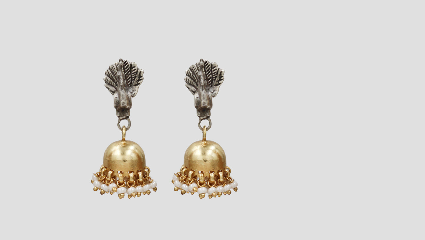 Peacock Motif Dual Plated Silver Jhumka Earrings by Sangeeta Boochra