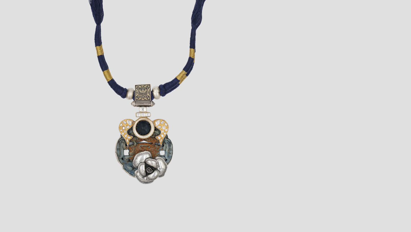 Sangeeta Boochra Handcrafted Silver Pendant with Kundan Work & Floral Design