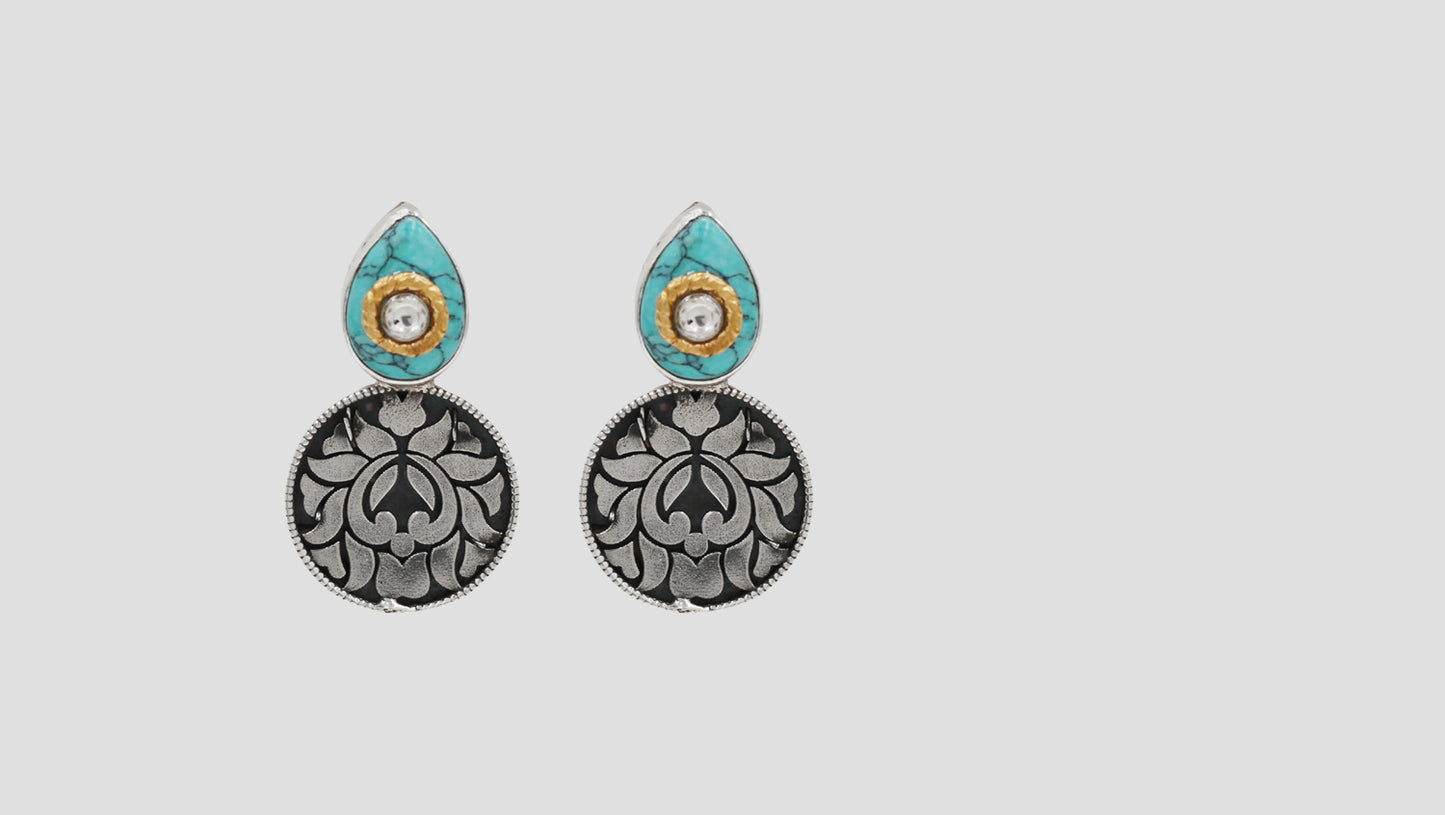 Sangeeta Boochra Handcrafted Turquoise Stone Disc Earrings in 925 Silver