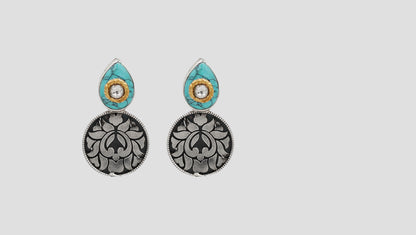 Sangeeta Boochra Handcrafted Turquoise Stone Disc Earrings in 925 Silver