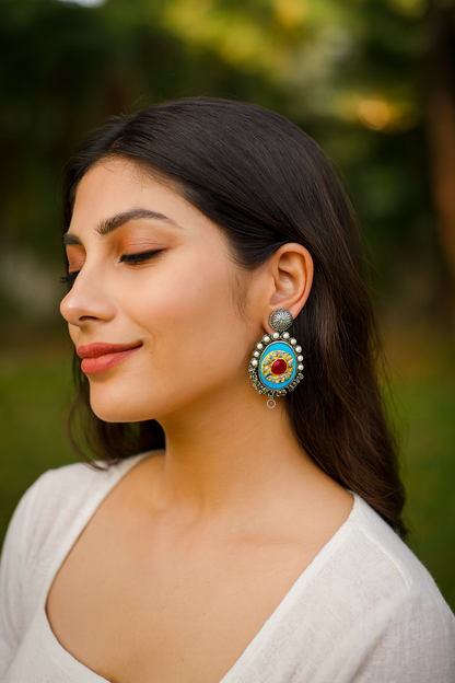 Sangeeta Boochra Handcrafted Silver Earrings with Turquoise and Red Stone