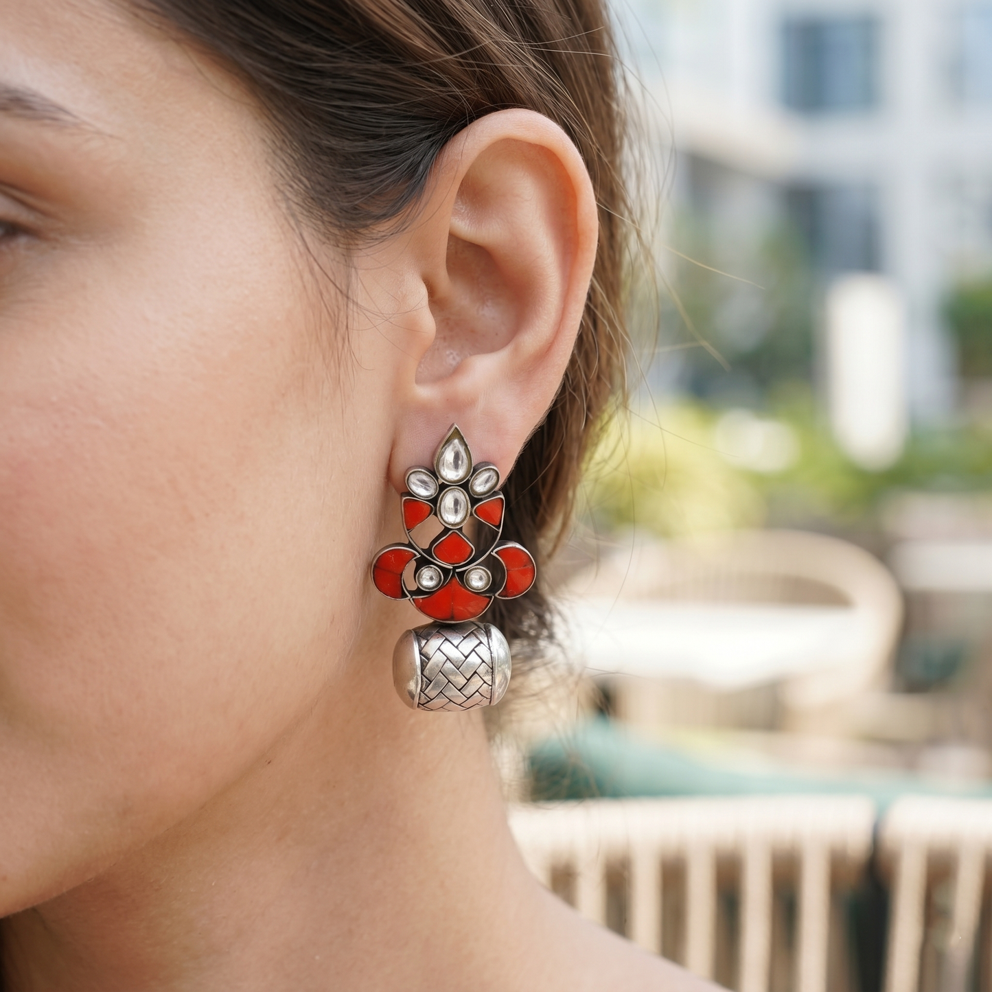 Sangeeta Boochra Kundan Silver Statement Earrings with Red Accents
