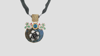 Sangeeta Boochra Artistic Silver Pendant with Kundan Work & Blue Stone Accent