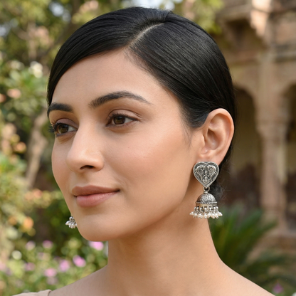 Sangeeta Boochra Handcrafted Peacock Heart Jhumki Earrings in Oxidised Silver