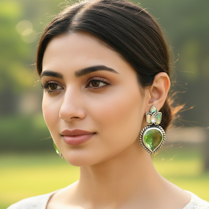Sangeeta Boochra Handcrafted Oxidised Silver Floral Green Drop Earrings
