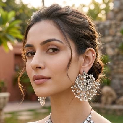 Sangeeta Boochra Classic Silver Kundan Chandbali Earrings