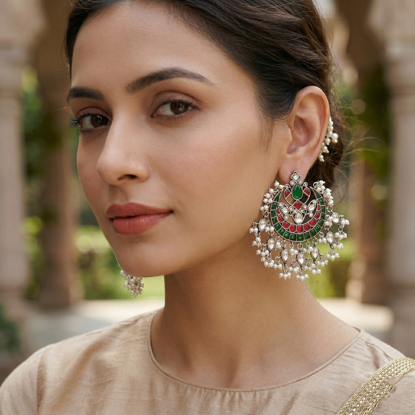 Sangeeta Boochra Festive Red & Green Kundan Chandbali Earrings