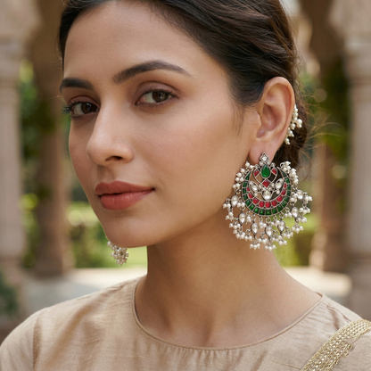 Sangeeta Boochra Festive Red & Green Kundan Chandbali Earrings