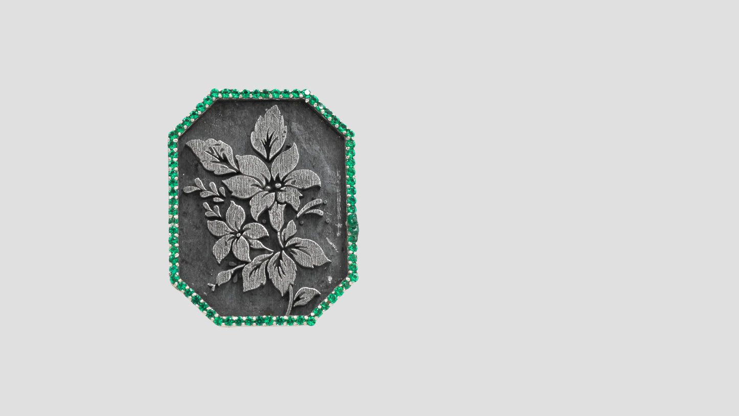 Handcrafted Oxidised Silver Heritage Floral Brooch with Green Stone Accents | Sangeeta Boochra