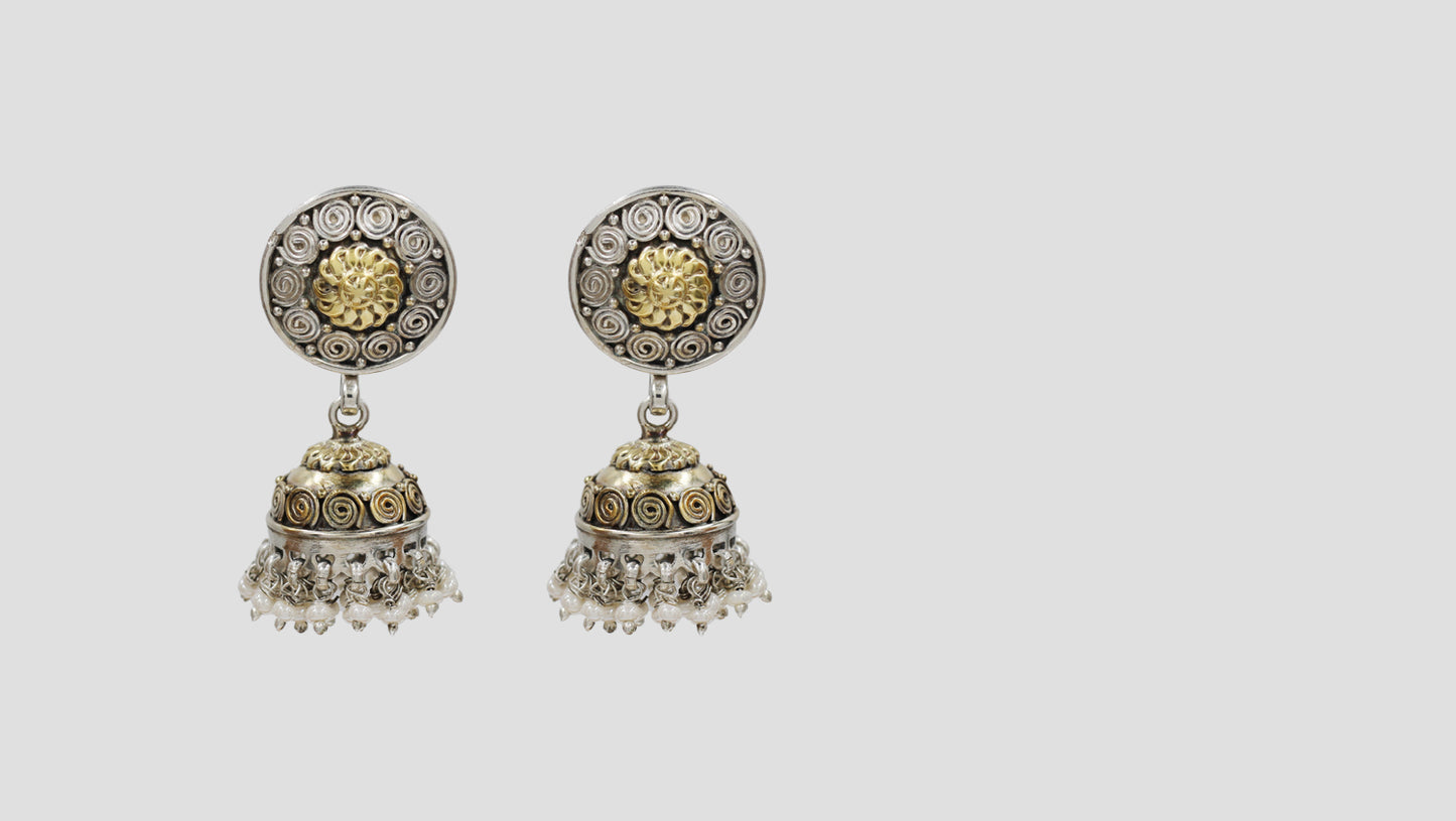 Sangeeta Boochra Dual-Tone Oxidised Jhumka Earrings with Pearl Drops