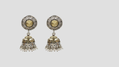 Sangeeta Boochra Dual-Tone Oxidised Jhumka Earrings with Pearl Drops