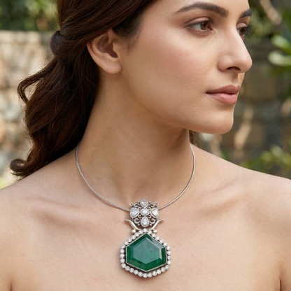 Sangeeta Boochra Handcrafted Moissanite Silver Pendant with Green Stone Accent