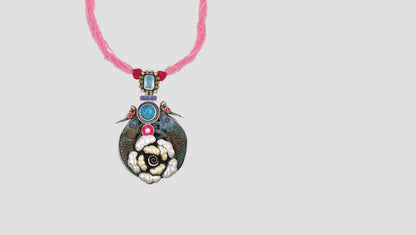 Sangeeta Boochra Pink Beaded Silver Pendant Necklace with Floral Detailing