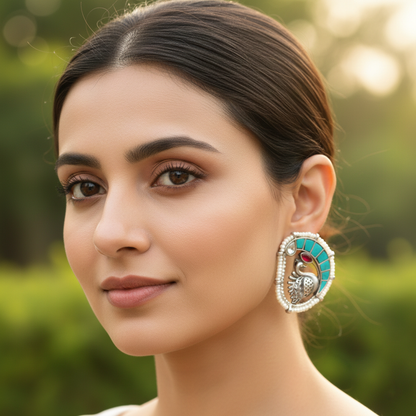 Sangeeta Boochra Traditional Peacock Motif Kundan Silver Earrings
