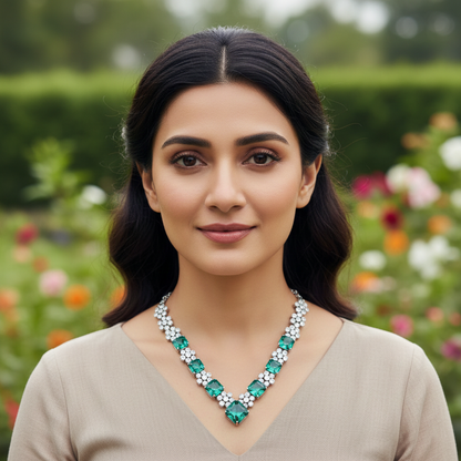Sangeeta Boochra Sterling Silver Necklace & Earring Set with Emerald Green Stones